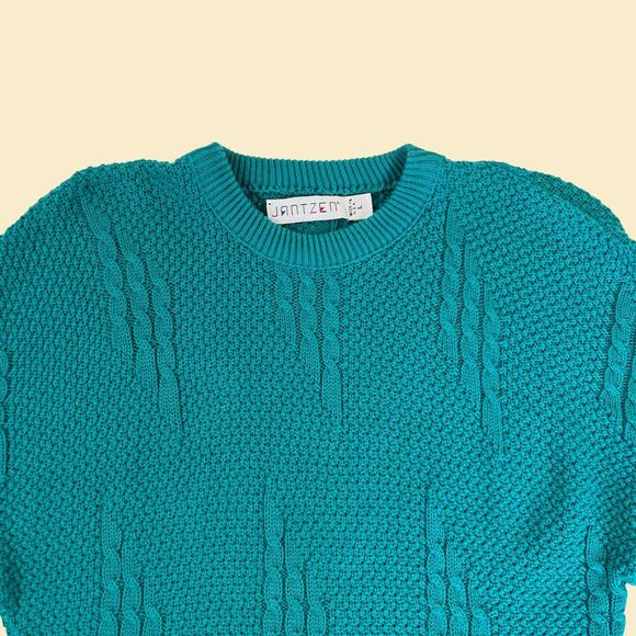 1980s Jantzen sweater, size L teal blue knit vintage 70s sweater w/ crew neck - Picture 6 of 8